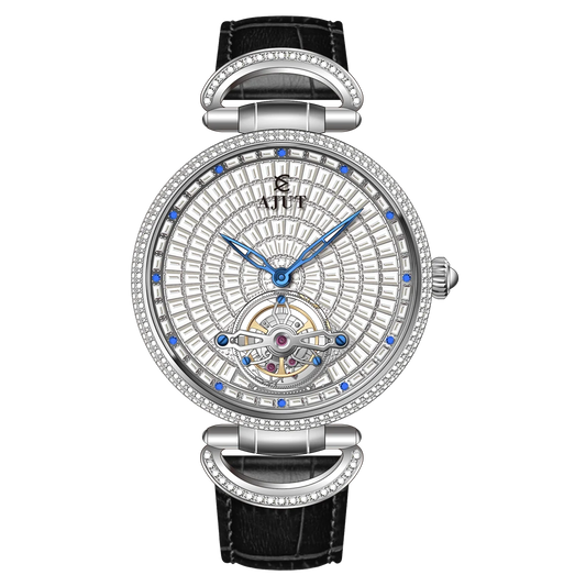 Luxury watch with intricate design and black leather strap on white background