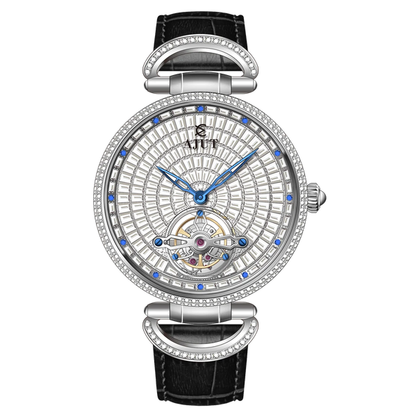 Luxury watch with intricate design and black leather strap on white background