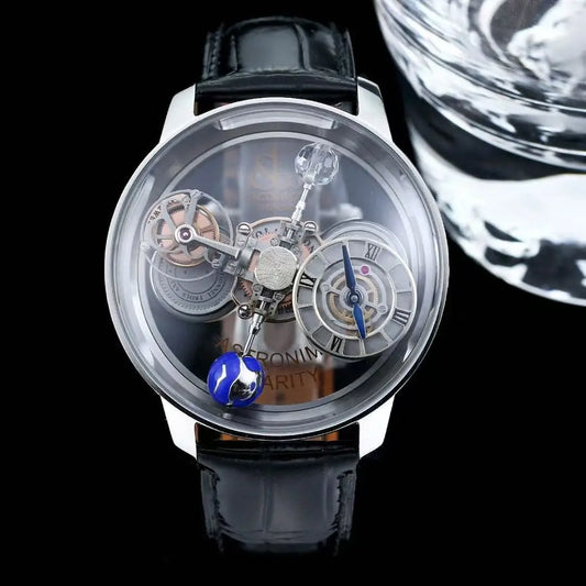 A luxury skeleton watch with a black leather strap, silver-toned case, and a transparent dial showcasing intricate mechanical gears, Roman numeral subdials, and a blue crystal accent, set against a black background with a glass of water in the upper right.