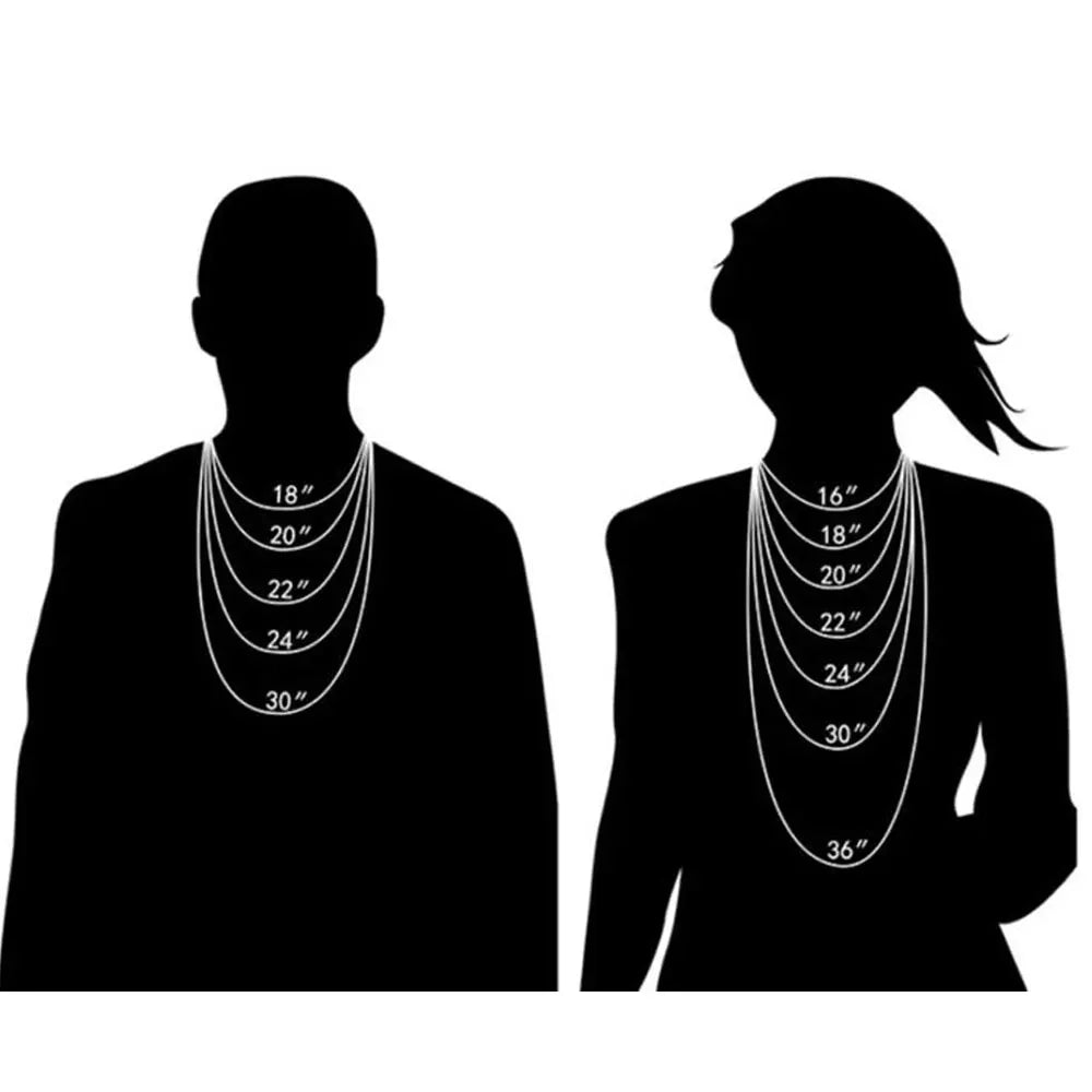 Silhouettes of a man and a woman with necklaces displaying measurement sizes.