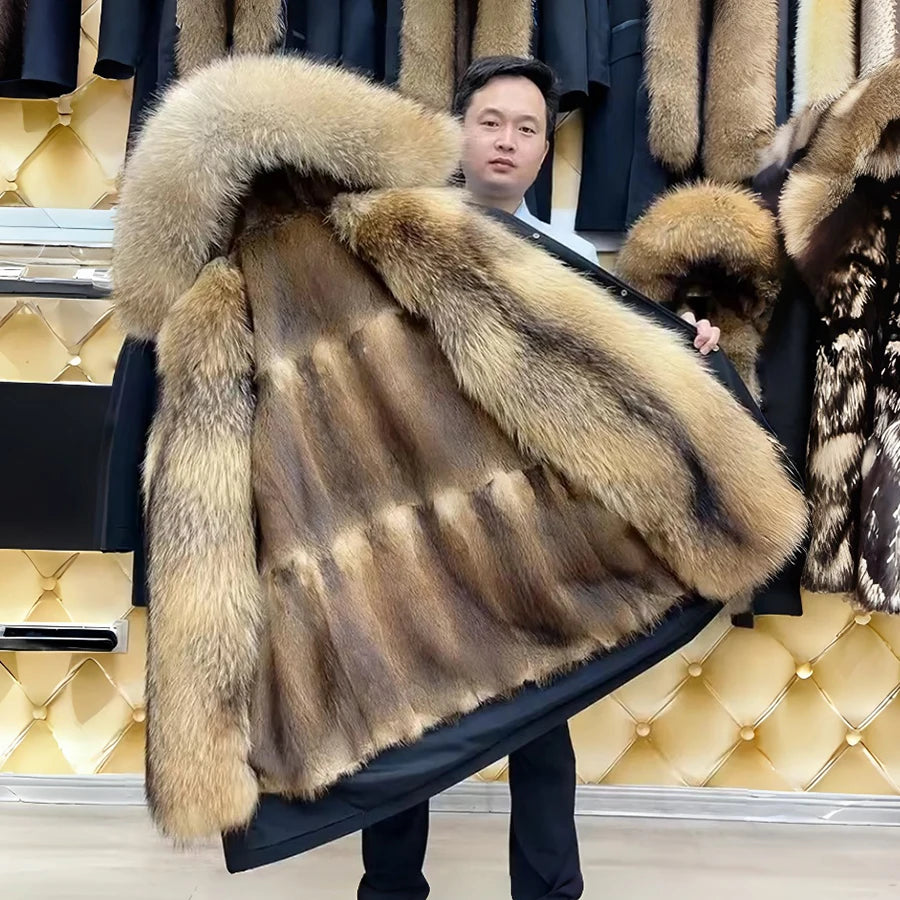 Vexaroa Men's Real Muskrat Fur Parka Long Hooded Winter Jacket with Raccoon Fur Collar