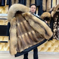 Vexaroa Men's Real Muskrat Fur Parka Long Hooded Winter Jacket with Raccoon Fur Collar