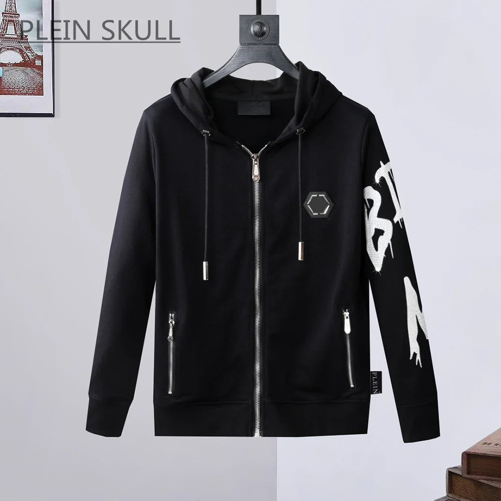 A black zip-up hoodie with white graphic prints on the sleeve, hanging on a black hanger against a light gray background. The brand name 'APLEIN SKULL' is visible in the top left corner.