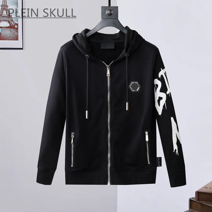 A black zip-up hoodie with white graphic prints on the sleeve, hanging on a black hanger against a light gray background. The brand name 'APLEIN SKULL' is visible in the top left corner.