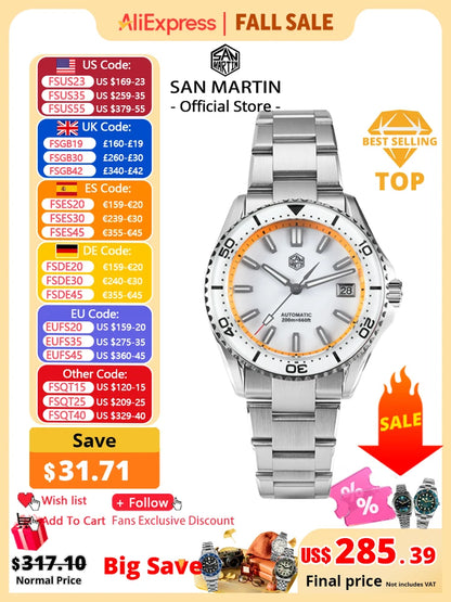 San Martin 2025 New Enamel Dial Full Luminous 39mm Dive Watch Luxury Men Watch NH35 Automatic Mechanical Waterproof 200m SN0129