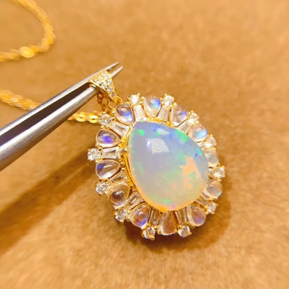 Vexaroa Vintage Natural Opal & Moonstone Necklace 925 Sterling Silver October Birthstone