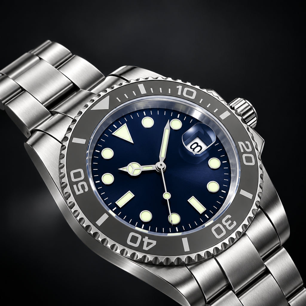 Silver wristwatch with a dark blue face on a white background, featuring the brand 'ADDIESDIVE'.