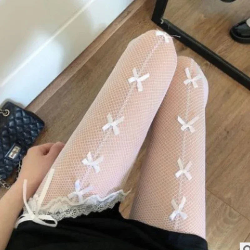 Pantyhose Bow Knot Fishnet Stockings Women Spicy Girl Black White Sexy Thin Ins Tide Lace Tights