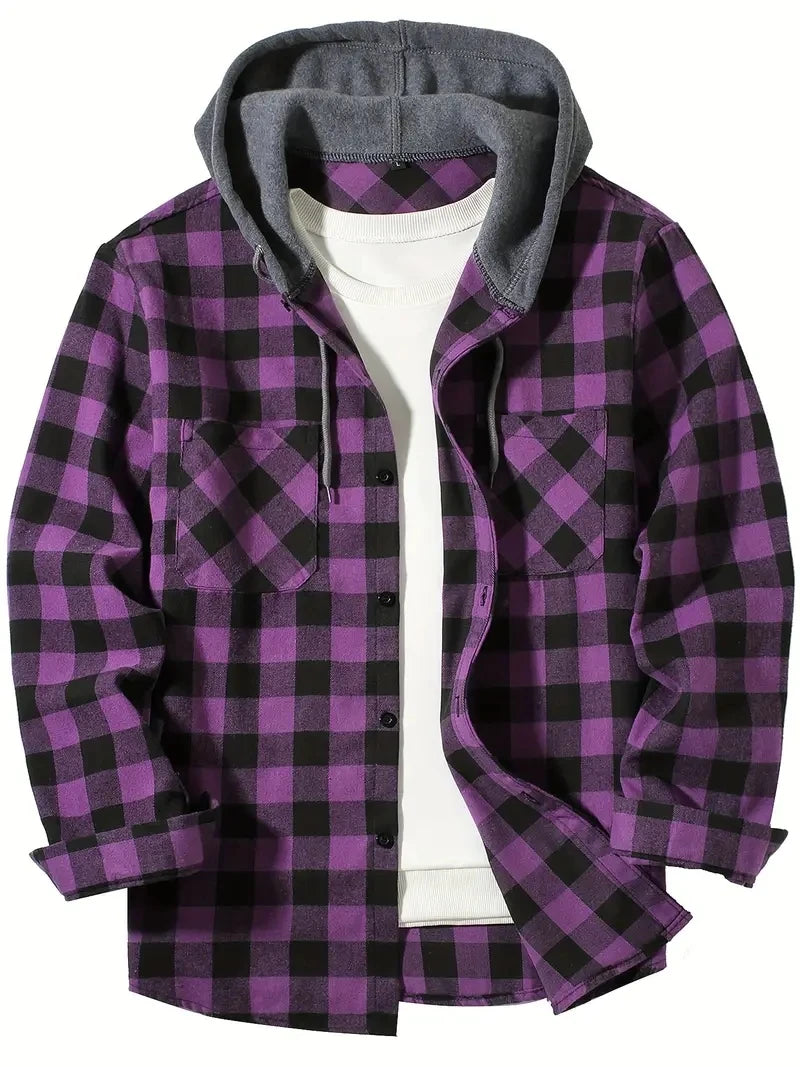 Vexaroa Men's Slim Hooded Plaid Shirt Jacket Casual Sport