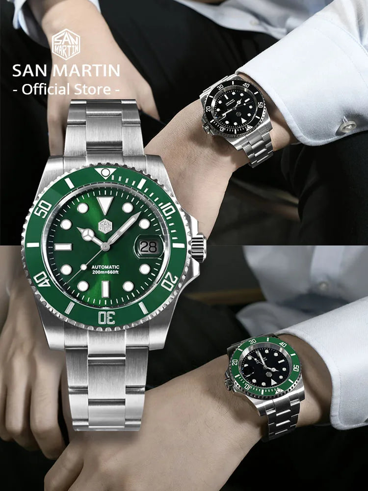 Two green watches with silver straps on wrists, San Martin Official Store logo.