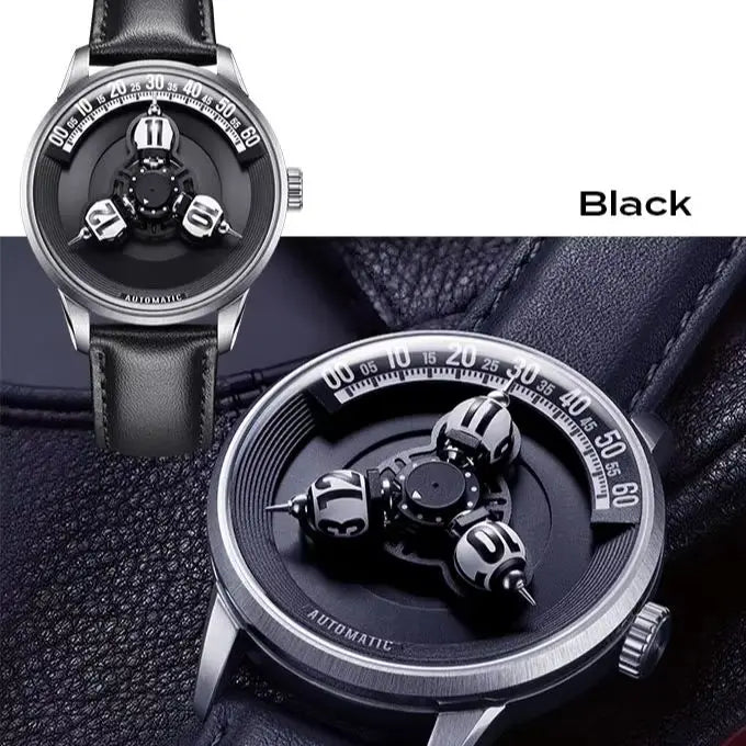 Black automatic watch with a leather strap, shown in two views: one on a white background with the word 'Black' and one close-up on a dark textured surface. The watch has a silver-tone case, black dial, and visible mechanical details.