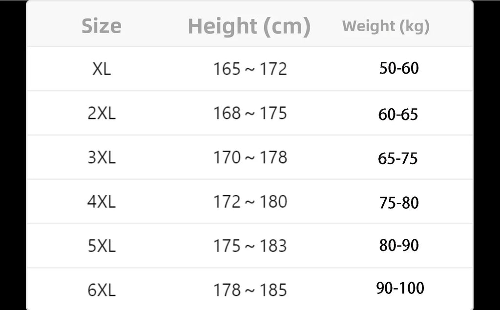 A size chart table showing sizes XL through 6XL with corresponding height ranges in centimeters and weight ranges in kilograms.