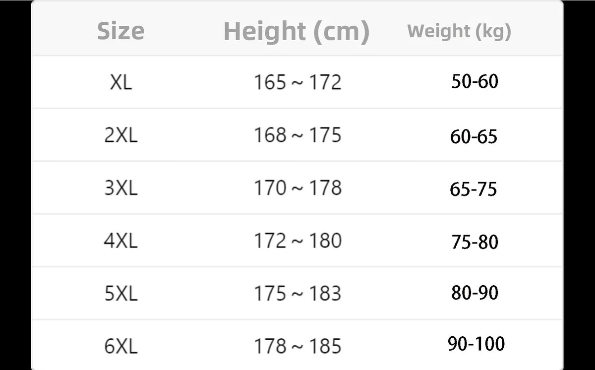 A size chart table showing sizes XL through 6XL with corresponding height ranges in centimeters and weight ranges in kilograms.