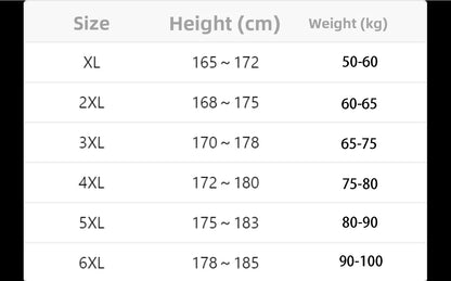 A size chart table showing sizes XL through 6XL with corresponding height ranges in centimeters and weight ranges in kilograms.