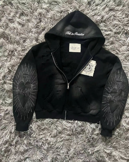 American Subculture Vintage Spice Girl Skeleton Black Mao Mao Hooded Printed Sweater Female Y2K Gothic Harajuku Plus Velvet Coat
