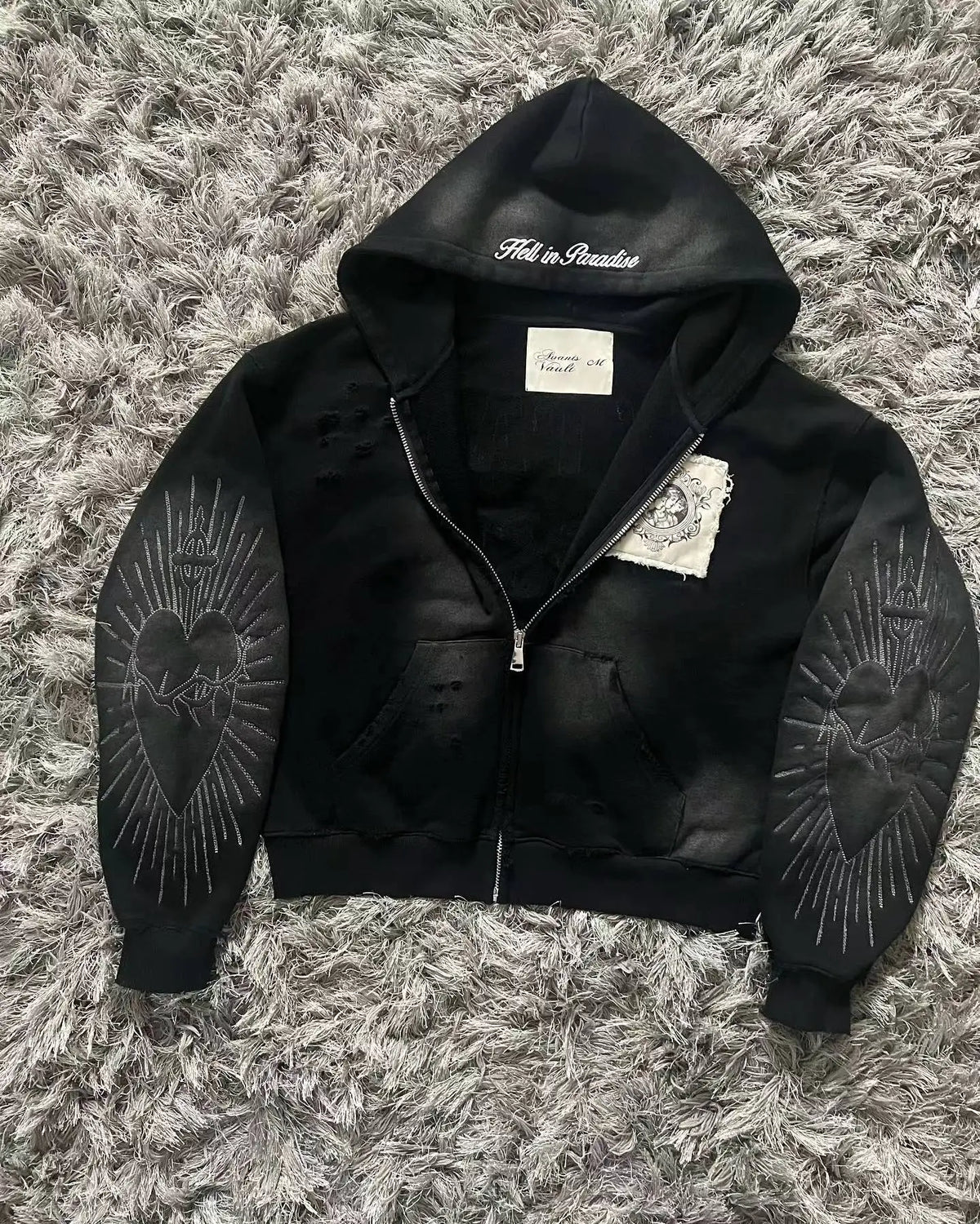 American Subculture Vintage Spice Girl Skeleton Black Mao Mao Hooded Printed Sweater Female Y2K Gothic Harajuku Plus Velvet Coat