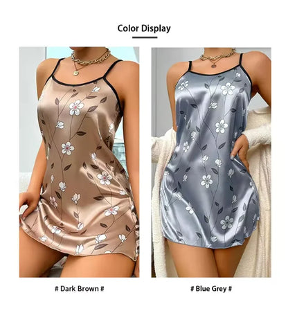 Two satin nightgowns in dark brown and blue gray with floral patterns on a white background.