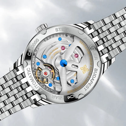 Original Budapest Watch Steel Strap Men's Business Dress Big Calendar Automatic Mechanical Watch Birthday Gift for Men
