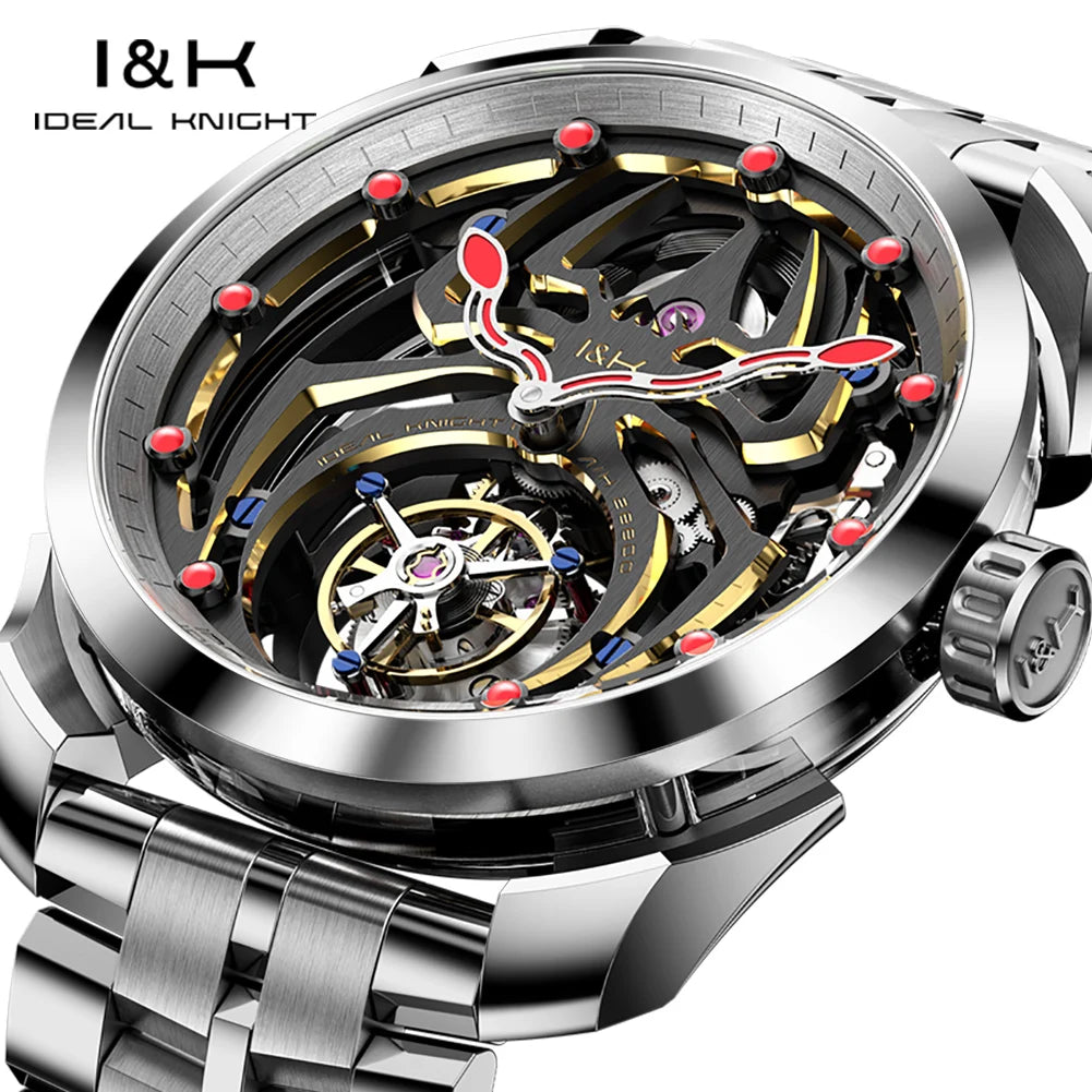 IDEAL KNIGHT Real Tourbillon Men's Watches High-Grade Fully Hollowed Spider Pattern Cool Dial Top Luxury Mechanical Watches 6802