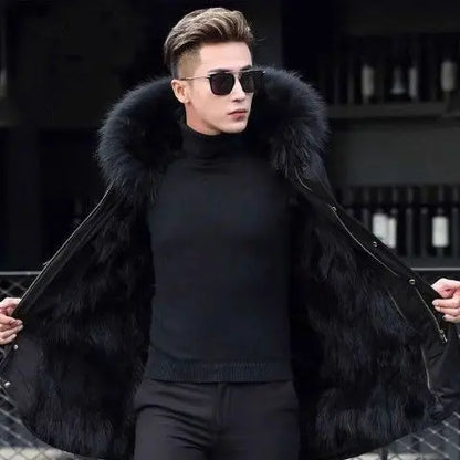 Men Faux Fur Hooded Parka Coat Padded Jacket Winter Outwear Lining Non-detachable Machine-wash Available