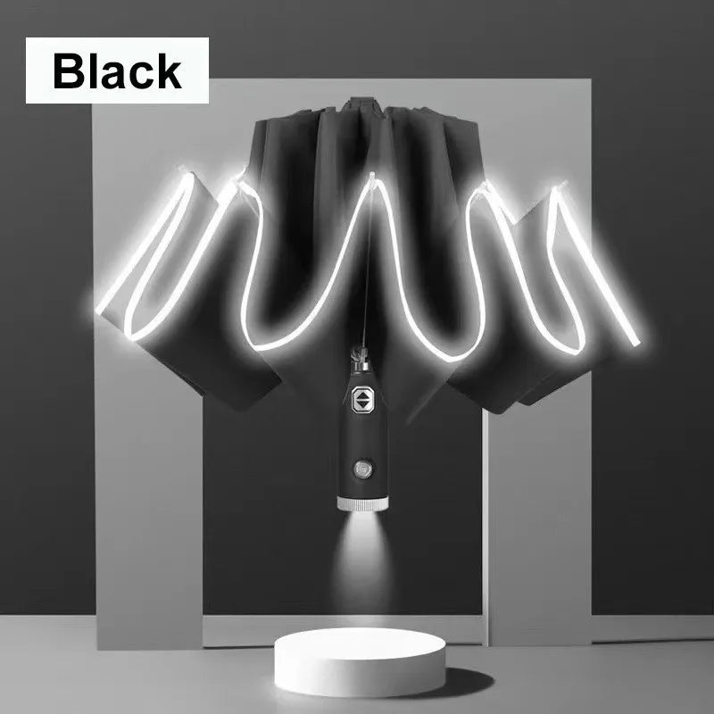 Built In Flashlight Fully Automatic LED Umbrella 10 Rib Windproof UV Sun Rain Protection Waterproof Reflective Canopy for Safety