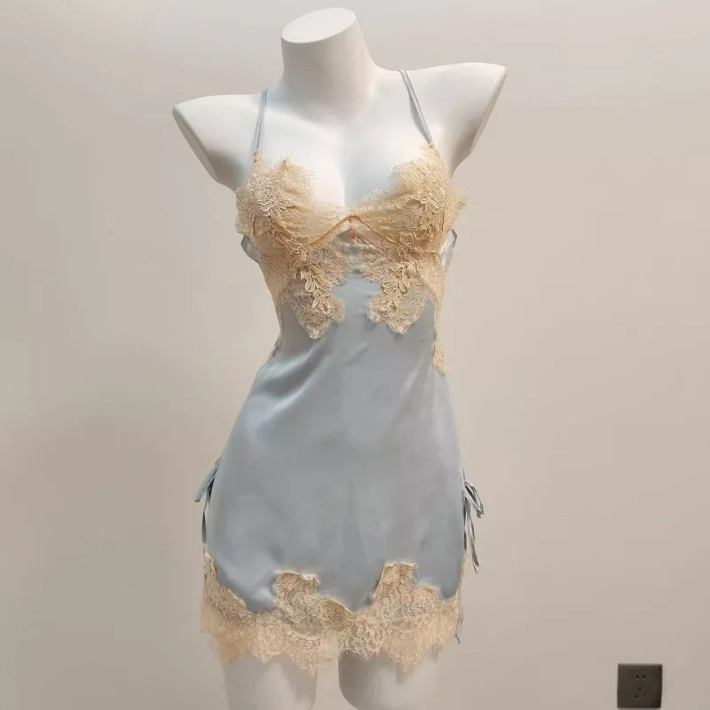 Vexaroa Ice Silk Lace Nightgown – Backless Suspender Pajamas