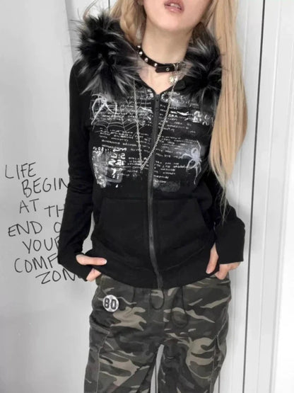 Y2K European and American spice girls fur collar rhinestones retro autumn and winter female zipper coat slim hooded sweater