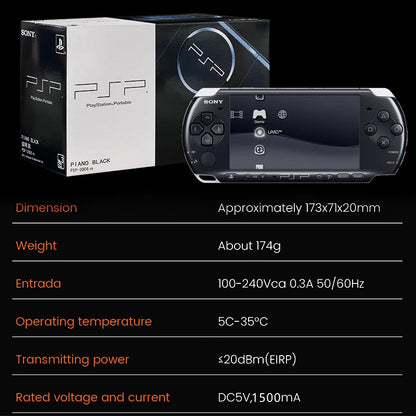 Sony PSP gaming console with packaging and technical specifications on a black background