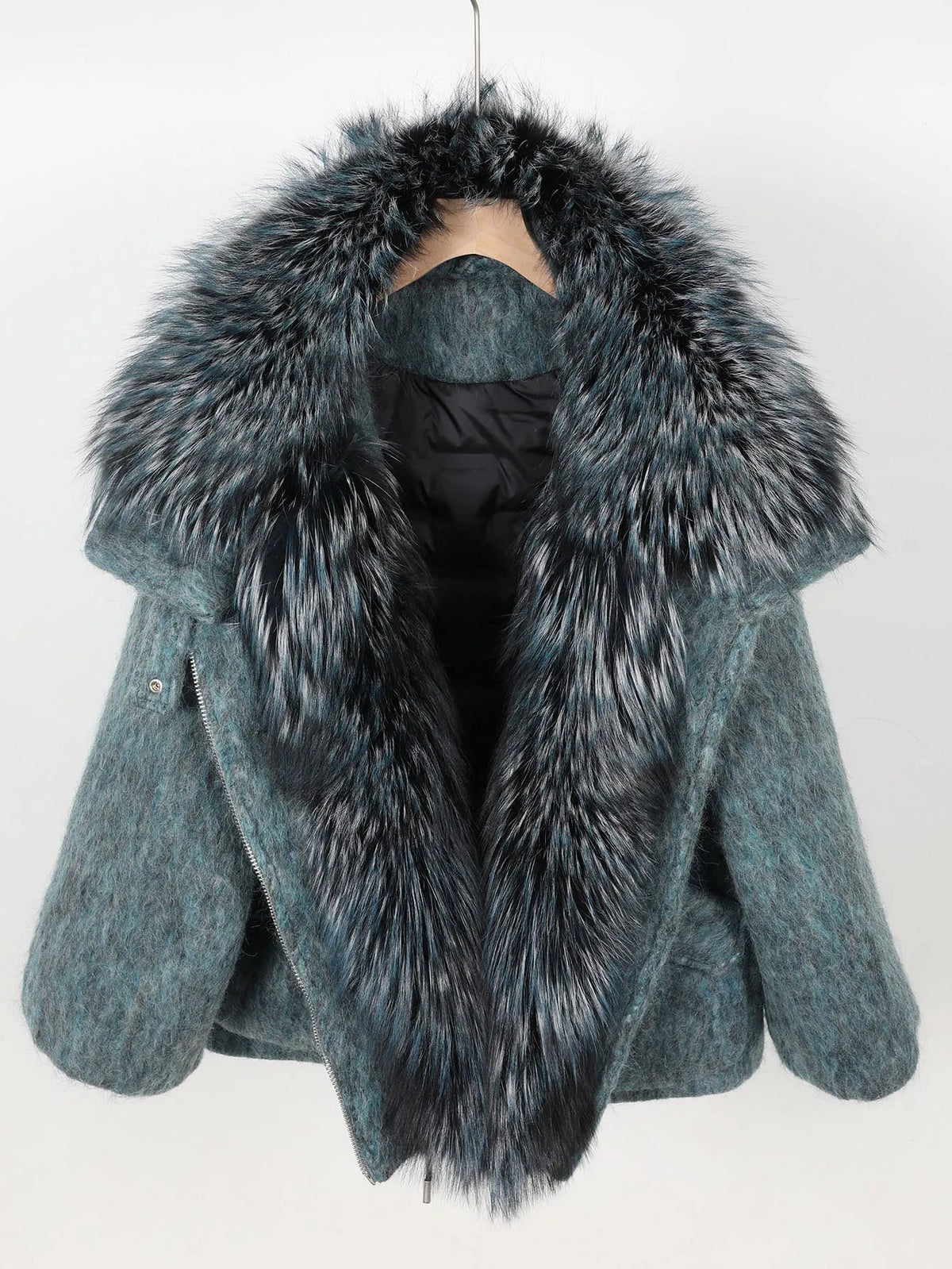 Women's Wool Puffer Jacket with Fox Fur Collar at Vexaroa