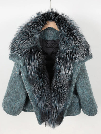 Women's Wool Puffer Jacket with Fox Fur Collar at Vexaroa