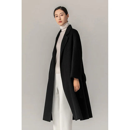 Women's Long Water Ripple Double-Faced Wool Wrap Coat at Vexaroa