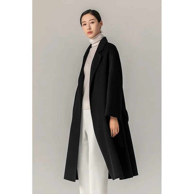 Women's Long Water Ripple Double-Faced Wool Wrap Coat at Vexaroa