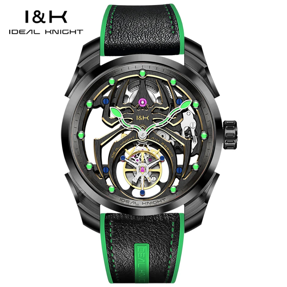 IDEAL KNIGHT Real Tourbillon Men's Watches High-Grade Fully Hollowed Spider Pattern Cool Dial Top Luxury Mechanical Watches 6802