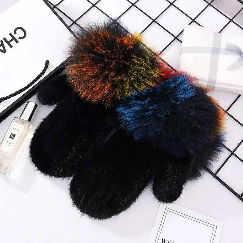 Women's Real Mink Fur Gloves Fox Fur Cuffs Winter | Vexaro