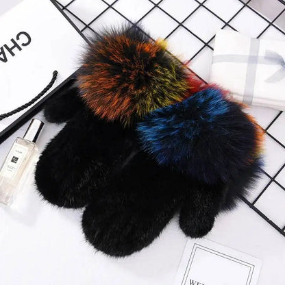 Women's Real Mink Fur Gloves Fox Fur Cuffs Winter | Vexaro