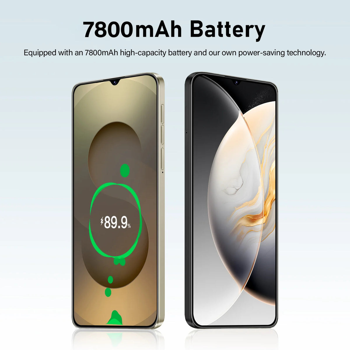 Two smartphone mockups on a light gray gradient background with the headline '7800mAh Battery' and supporting text. The left phone shows a gold-toned back and a green battery graphic on the screen; the right phone shows a black front with a glass-like display.