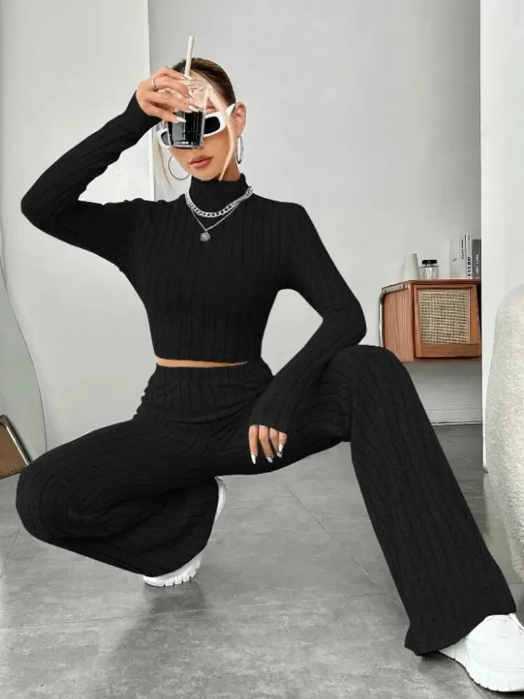 Vexaroa Stand Collar Crop Top & Trumpet Pants 2-Piece Set