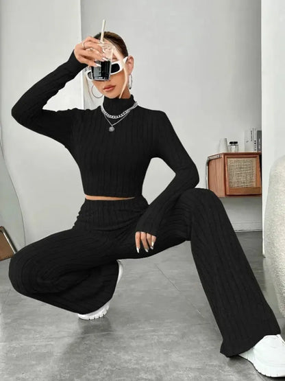 Vexaroa Stand Collar Crop Top & Trumpet Pants 2-Piece Set