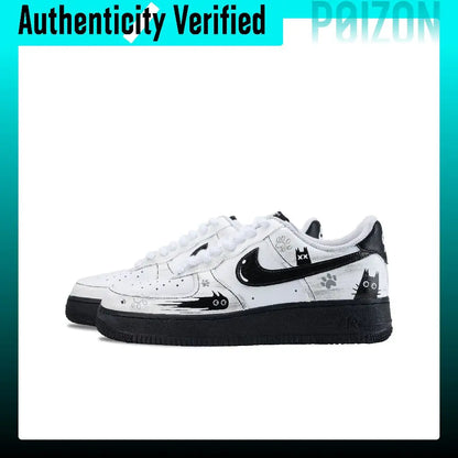 A pair of white and black Nike Air Force 1 Low sneakers decorated with black cat illustrations, shown against a white background with a teal border and an 'Authenticity Verified' banner at the top.