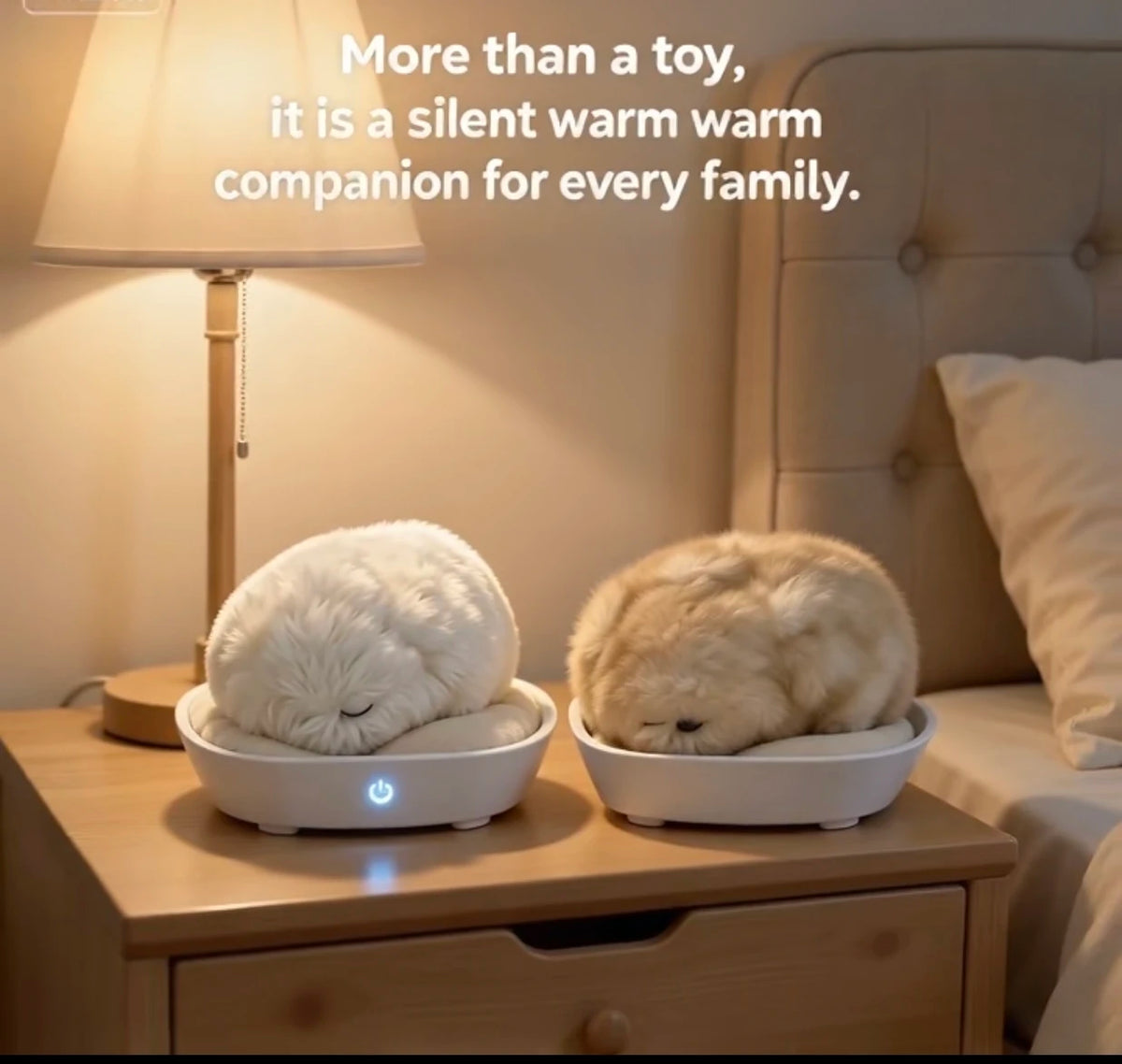 Two fluffy sleeping pets, one white and one cream, resting in white heated beds on a wooden nightstand beside a lit lamp and bed. Text at the top reads, 'More than a toy, it is a silent warm companion for every family.