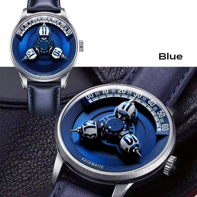 A wristwatch with a deep blue dial, silver-toned case, and dark blue leather strap, shown in two views: a top-left studio-style view and a larger bottom-right close-up on a dark textured surface. The dial has a unique three-spoke mechanical design with small white and silver elements.
