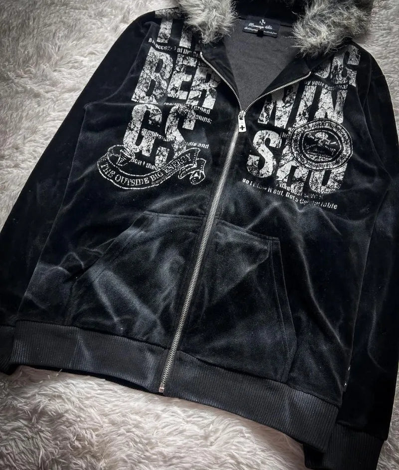 Vintage Popular Dark Rock Hip Hop Print Sports Sweater Women Y2K Streetwear Casual Joker Plus Velvet Padded Fur Collar Hoodies