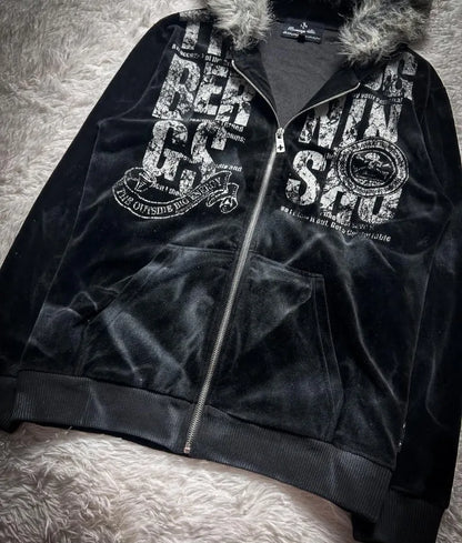 Vintage Popular Dark Rock Hip Hop Print Sports Sweater Women Y2K Streetwear Casual Joker Plus Velvet Padded Fur Collar Hoodies