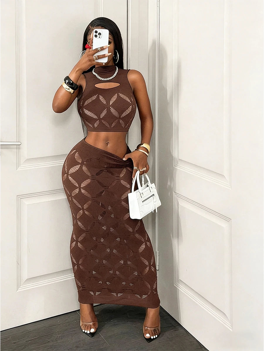 Plus Size 2PCS Women's Sexy Set See Through Mesh Hollow Out Crop Tank & High Waist Bodycon Mini Skirt Stretechy Clubwear