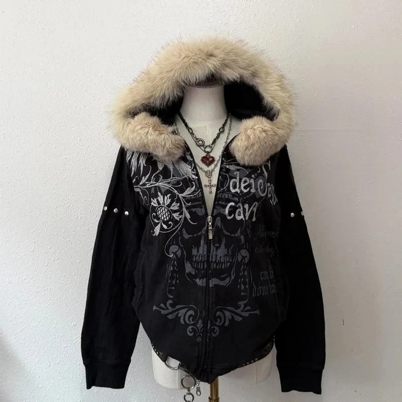 Vintage Popular Dark Rock Hip Hop Print Sports Sweater Women Y2K Streetwear Casual Joker Plus Velvet Padded Fur Collar Hoodies