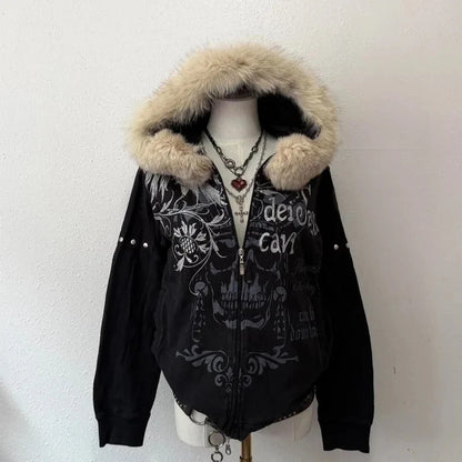 Vintage Popular Dark Rock Hip Hop Print Sports Sweater Women Y2K Streetwear Casual Joker Plus Velvet Padded Fur Collar Hoodies