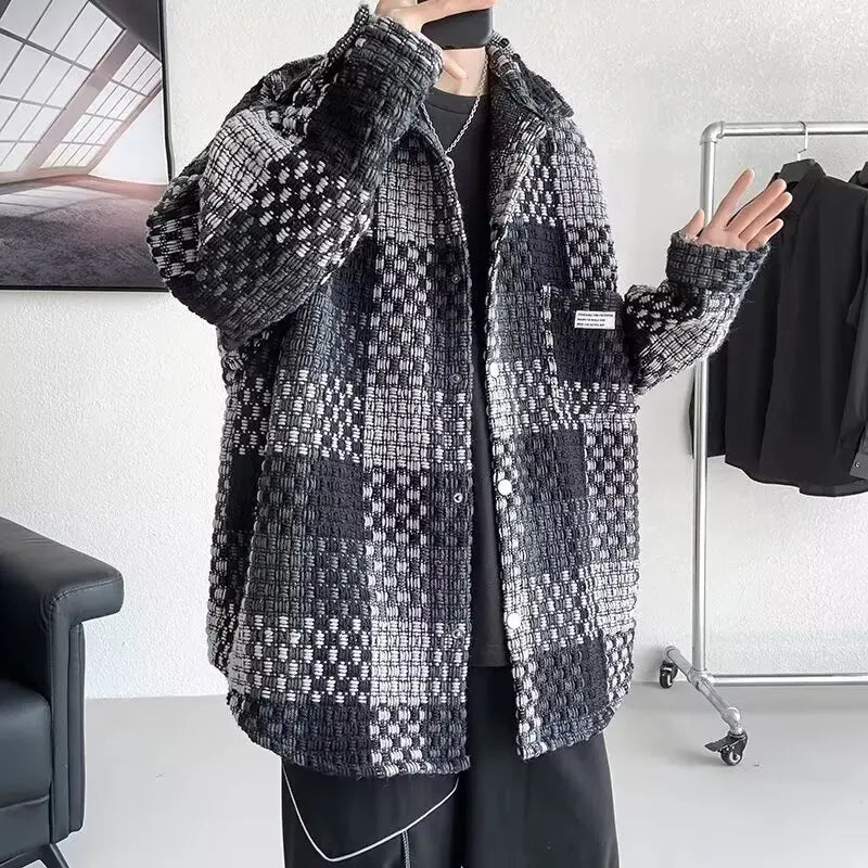 Vexaroa Men's Korean Plaid Shirt Jacket
