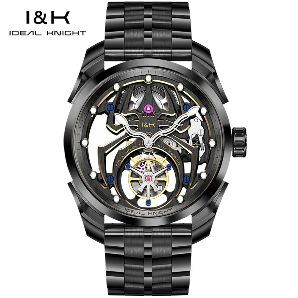 IDEAL KNIGHT Real Tourbillon Men's Watches High-Grade Fully Hollowed Spider Pattern Cool Dial Top Luxury Mechanical Watches 6802