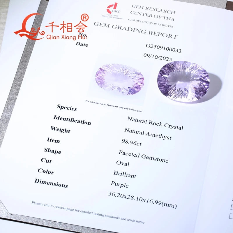 A gem grading report sheet from the Gem Research Center of Thailand, featuring two oval purple amethyst gemstone cutaway diagrams and product details including species, weight, and dimensions.