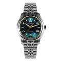Silver watch with a blue face on a white background